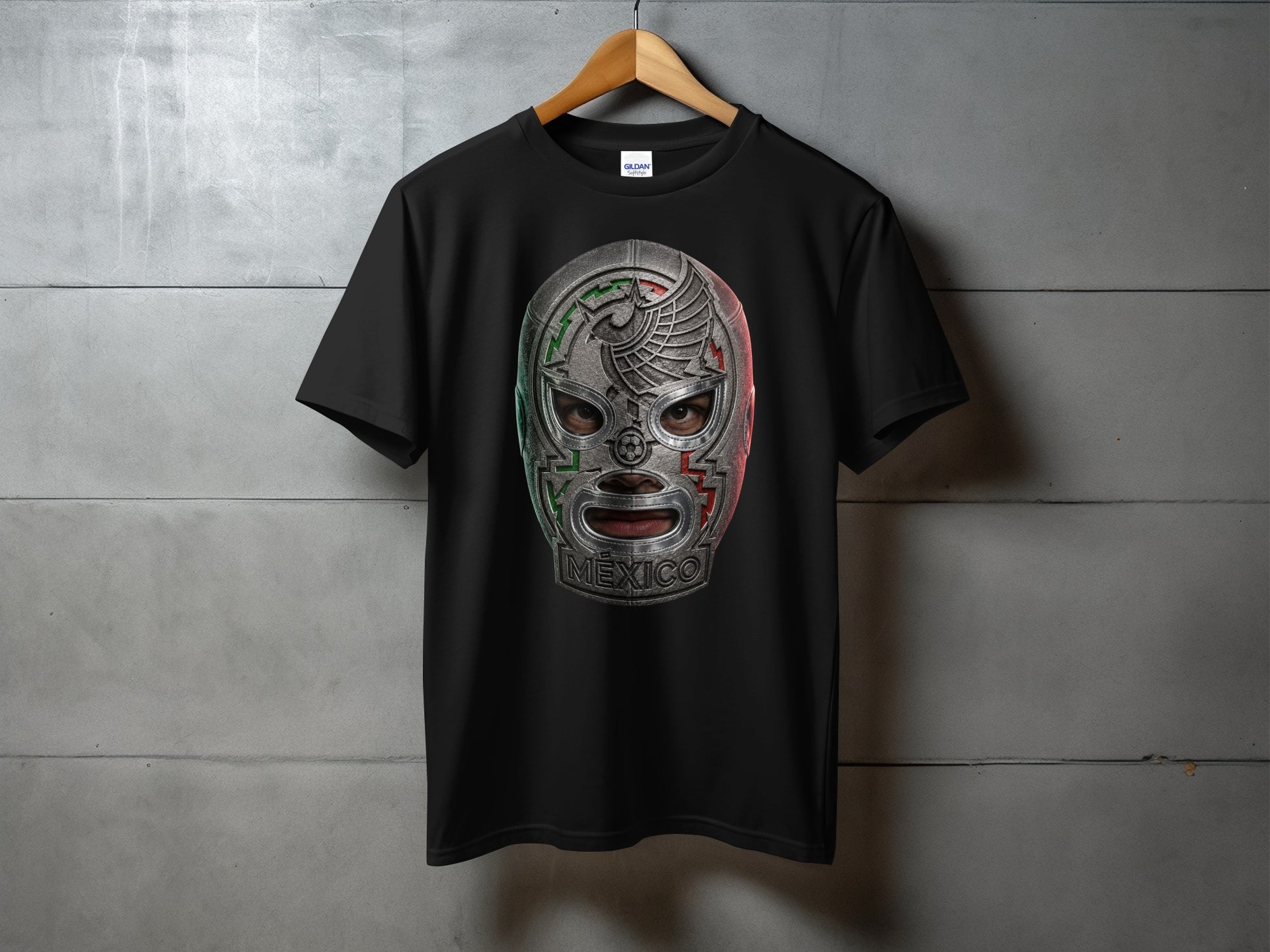 Black t-shirt featuring a metallic Mexican wrestling mask with "MÉXICO" text.
