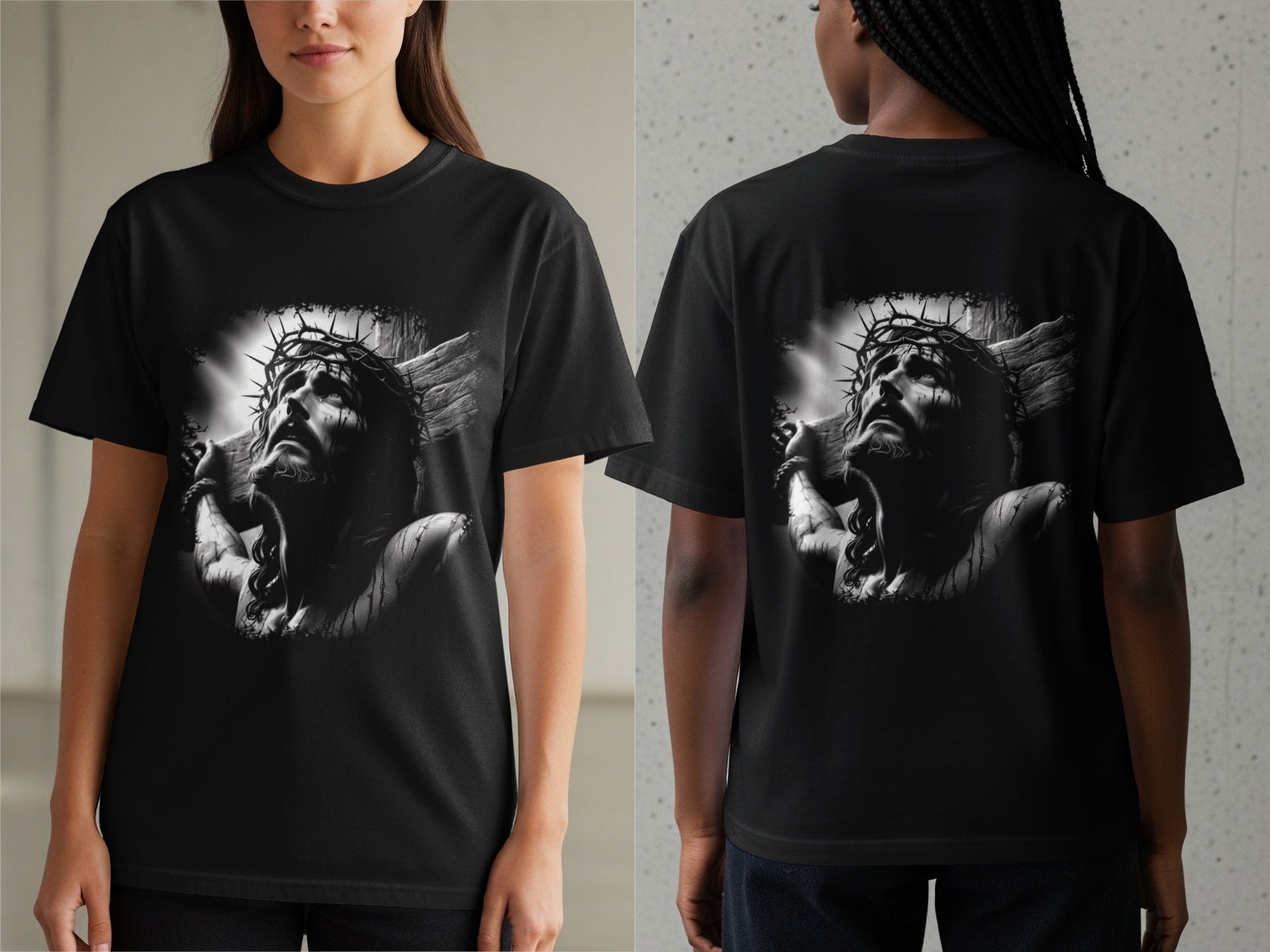 Black t-shirt with Jesus Christ's crucifixion portrait on front and back.