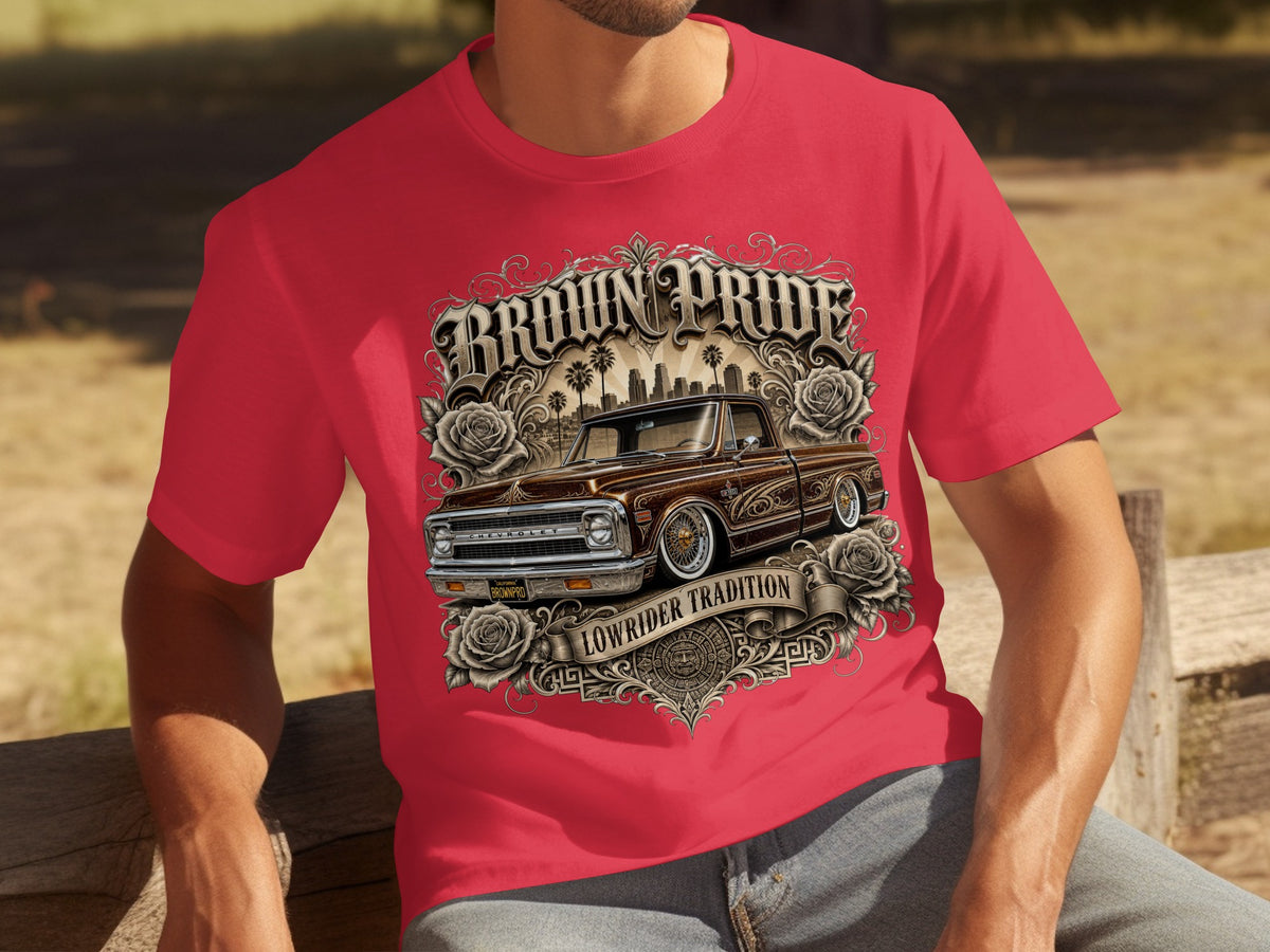 Red t-shirt with "Brown Pride" and lowrider truck graphic.