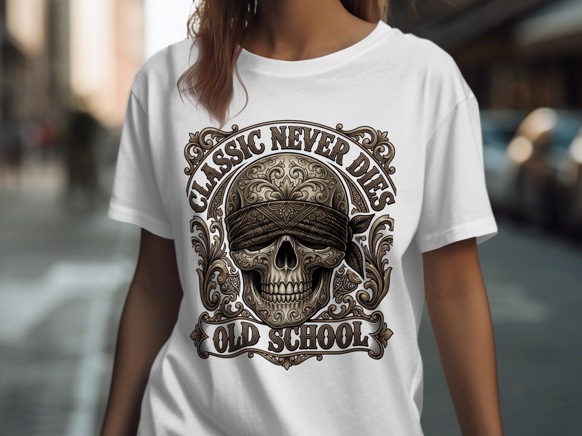 Skull wearing bandana, "Classic Never Dies Old School" text, on white t-shirt.