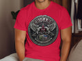 Chicano All Star emblem with eagles, star, and shield on a red t-shirt.