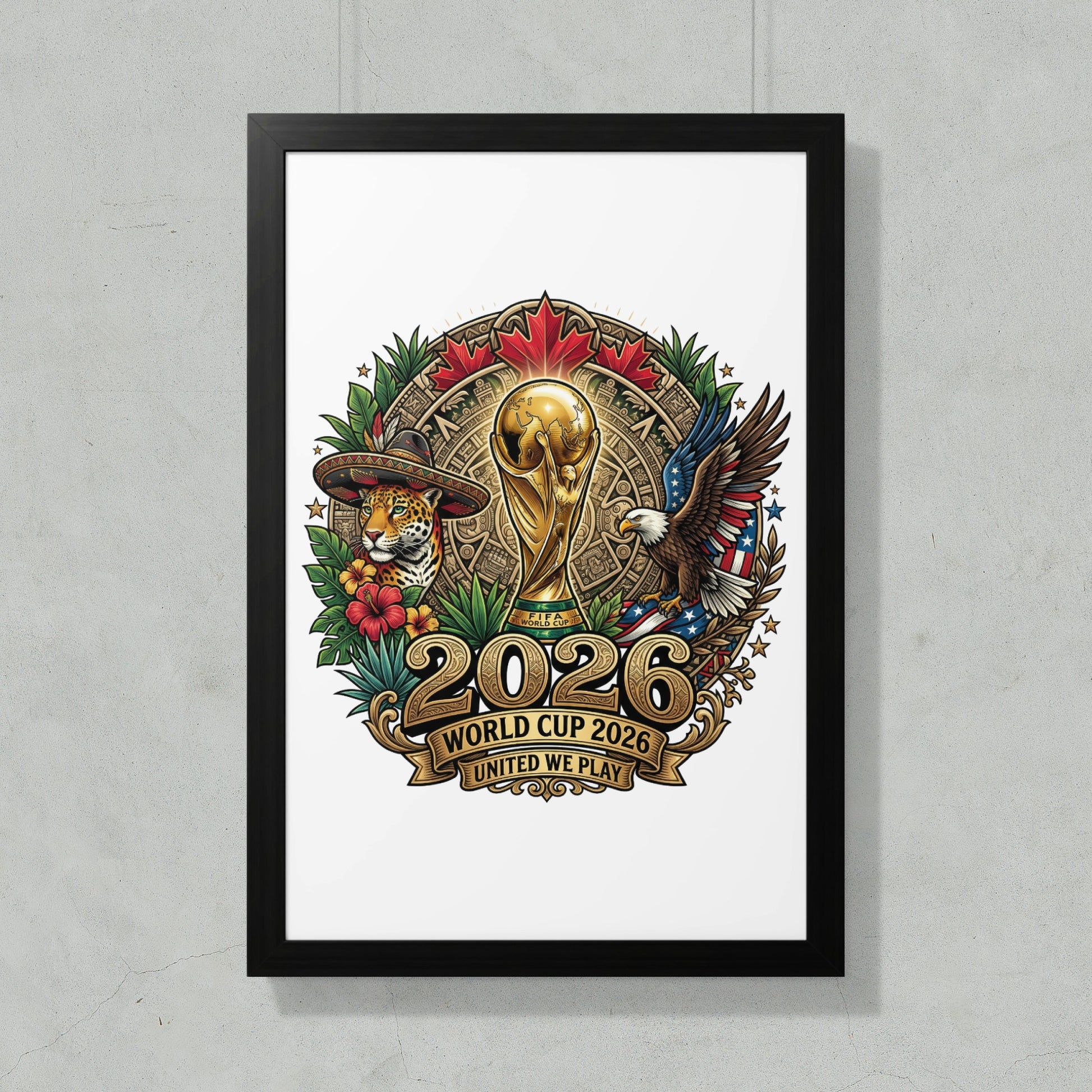 World Cup 2026 United We Play logo with trophy, eagle, jaguar, and maple leaf.