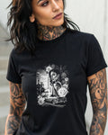 T-shirt with black and white graphic featuring a woman, classic car, and roses.
