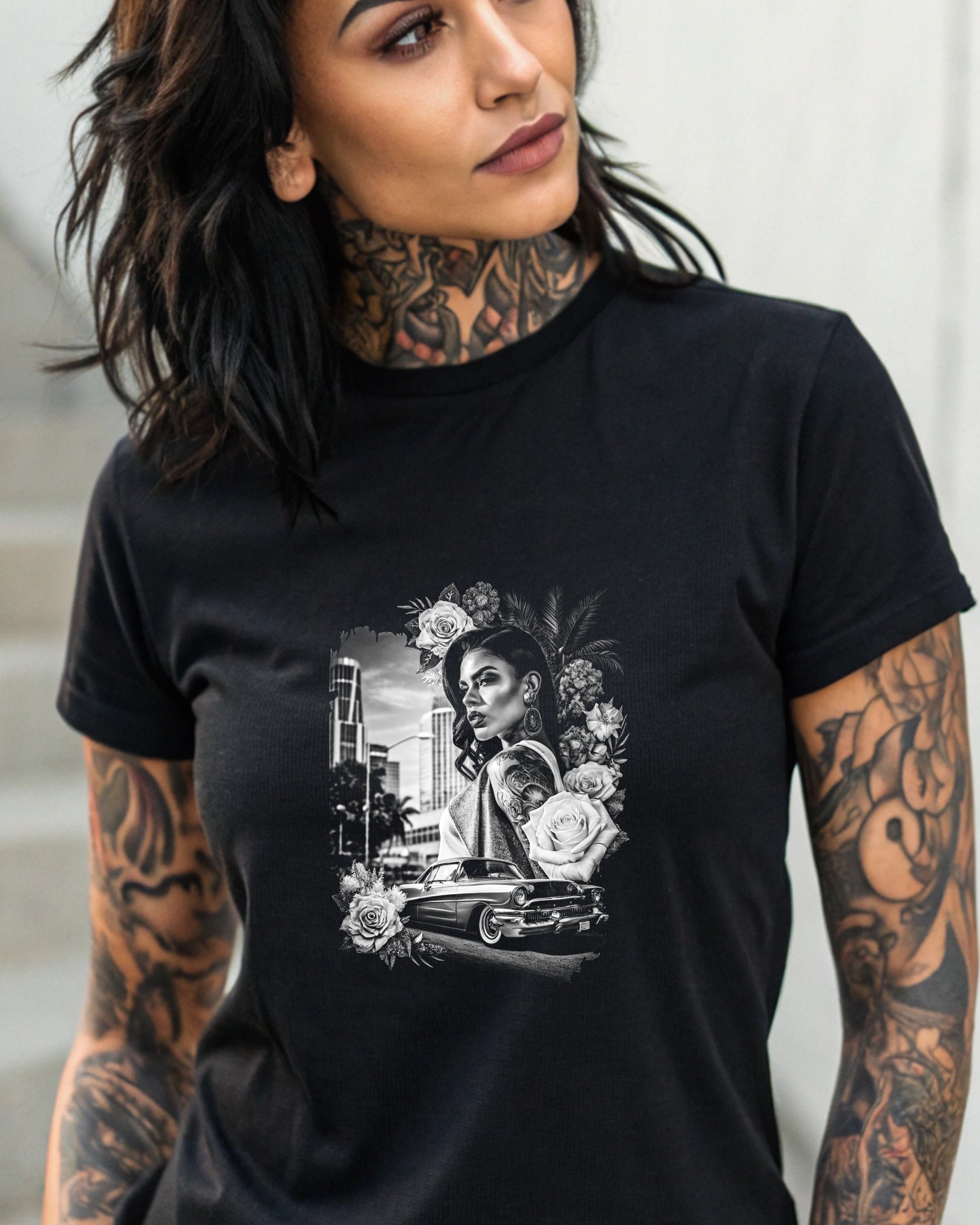 T-shirt with black and white graphic featuring a woman, classic car, and roses.
