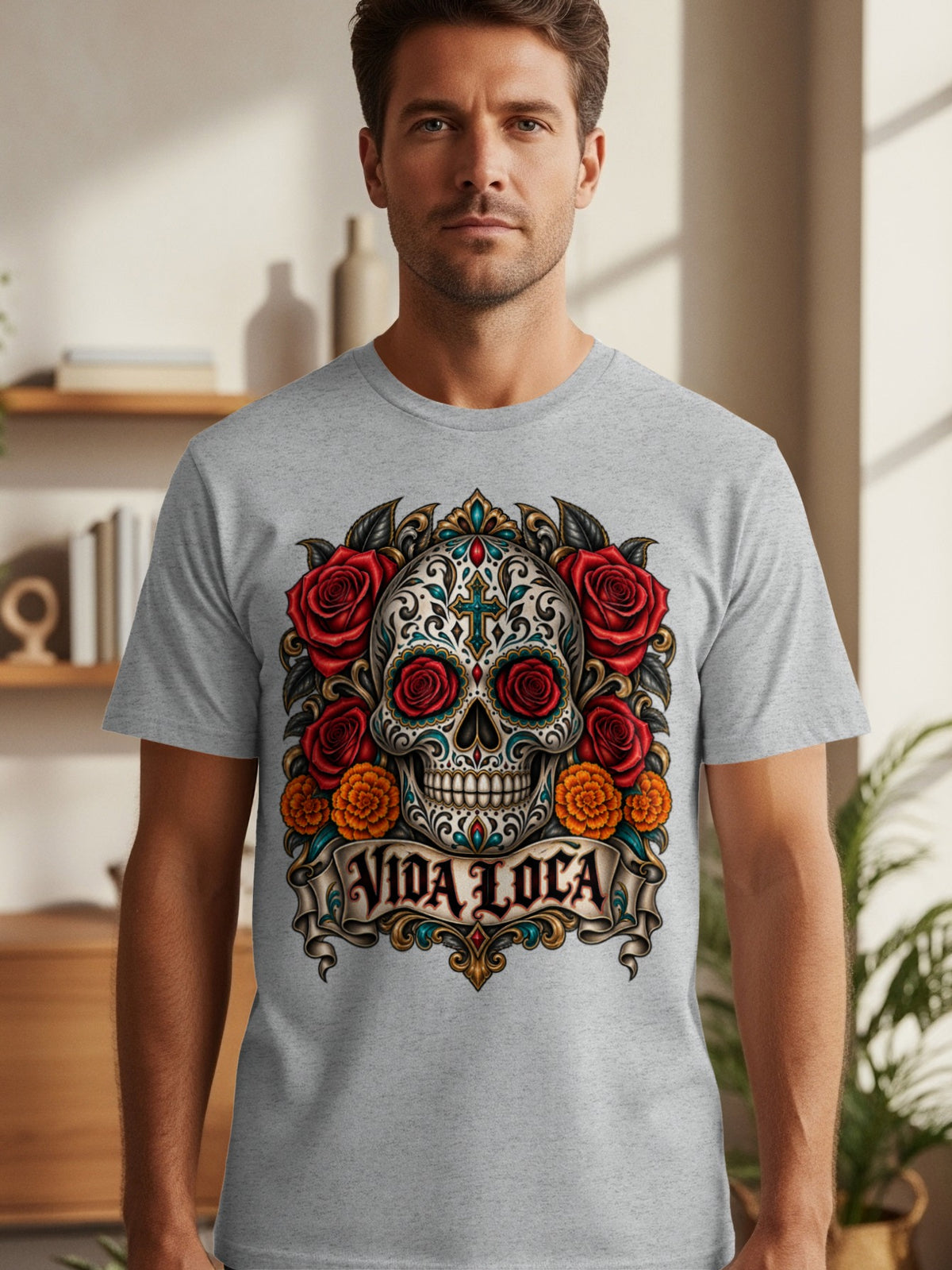 Gray t-shirt with a skull design surrounded by roses and reads "VIDA LOCA".