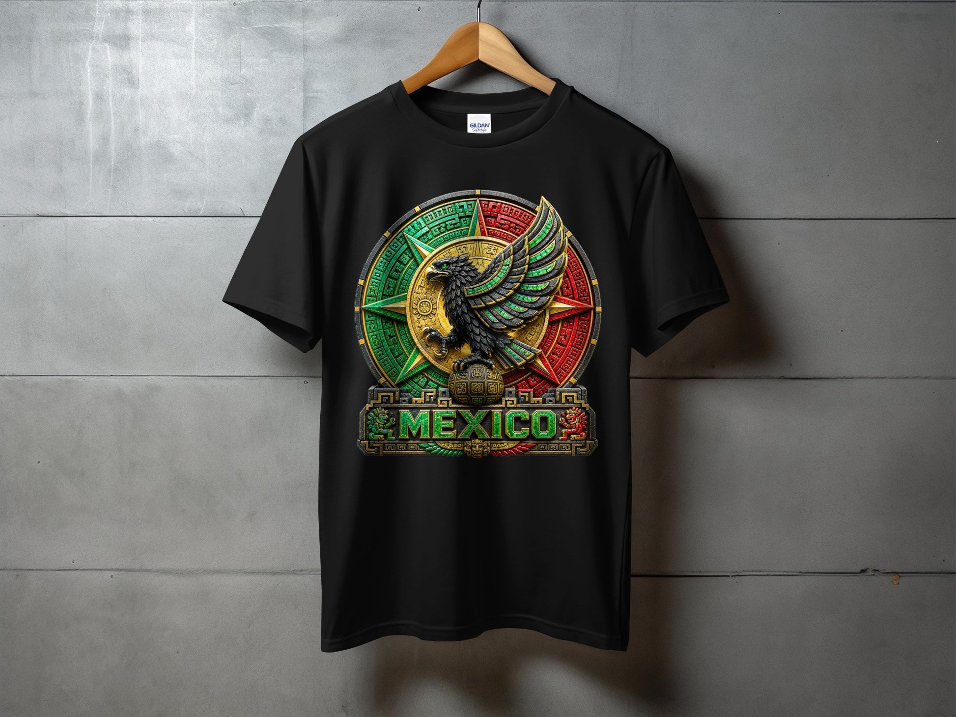 Black t-shirt featuring a circular Mexican coat of arms with an eagle and the word MEXICO.