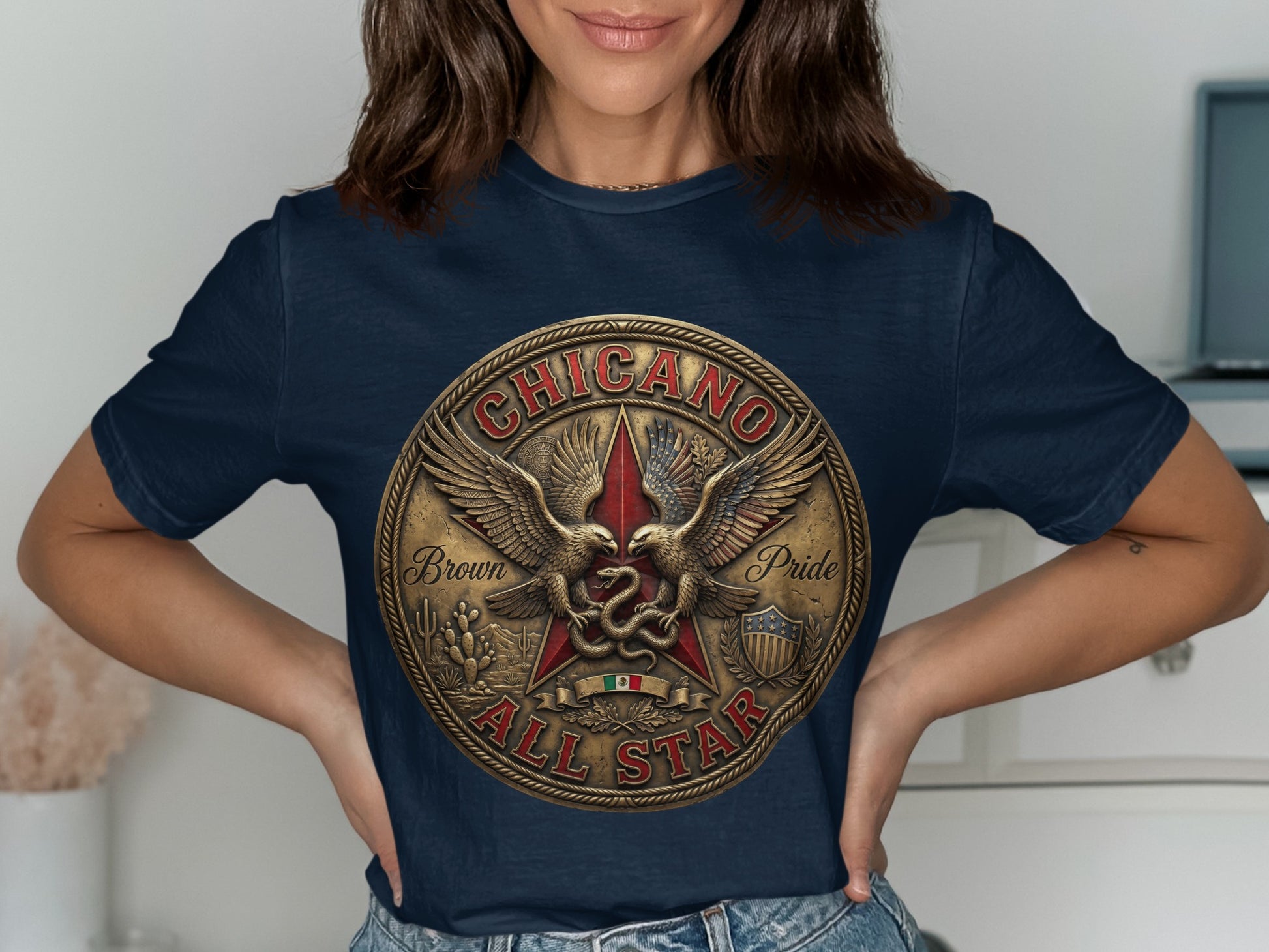 Circular emblem with eagles, stars, and text: "Chicano Brown Pride All Star."