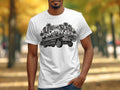 White t-shirt with black graphic of a lowrider car and text 