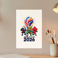 World Cup 2026 logo featuring mascots from USA, Mexico, and Canada.