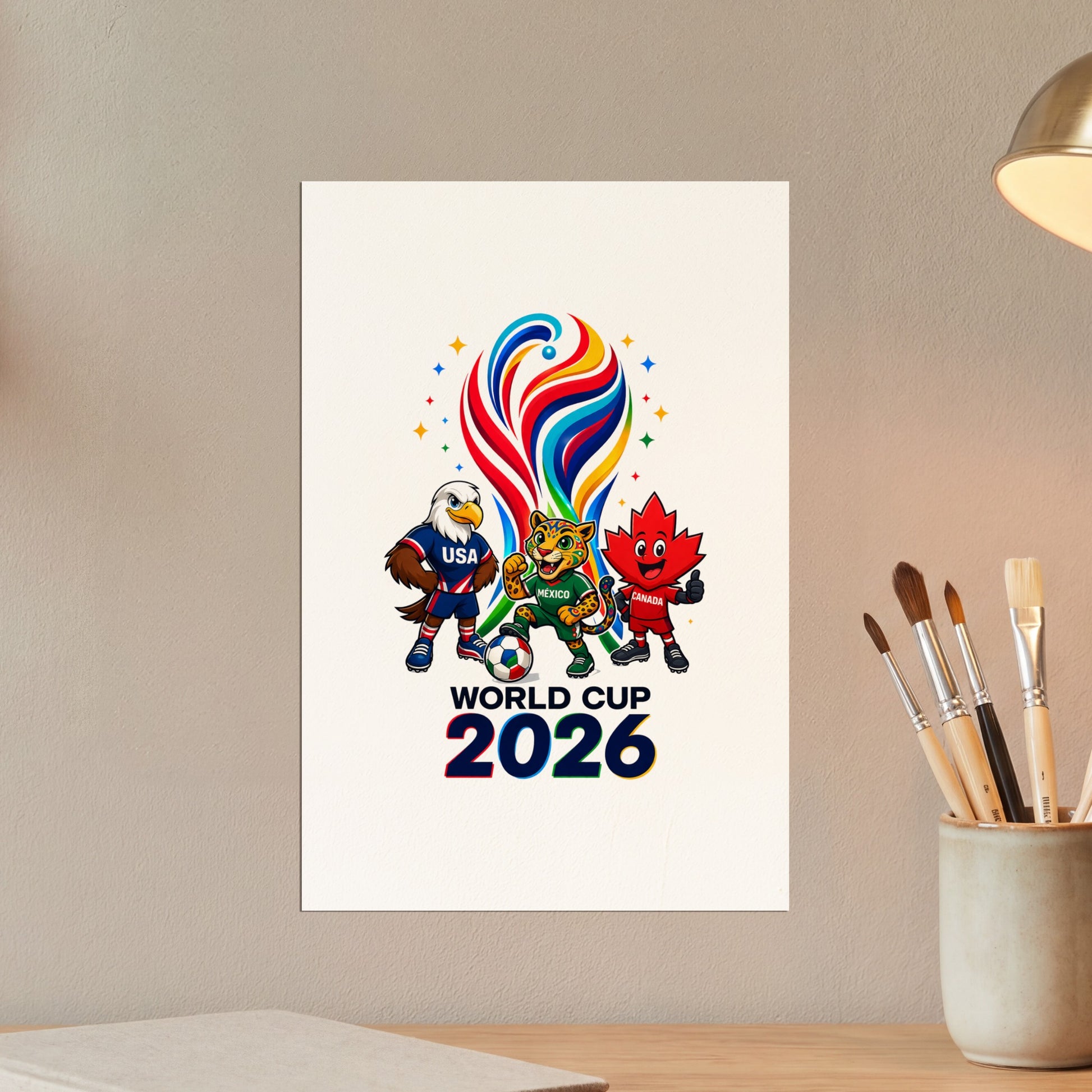 World Cup 2026 logo featuring mascots from USA, Mexico, and Canada.