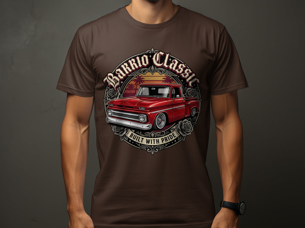 Brown t-shirt with a circular graphic featuring a red classic pickup truck.