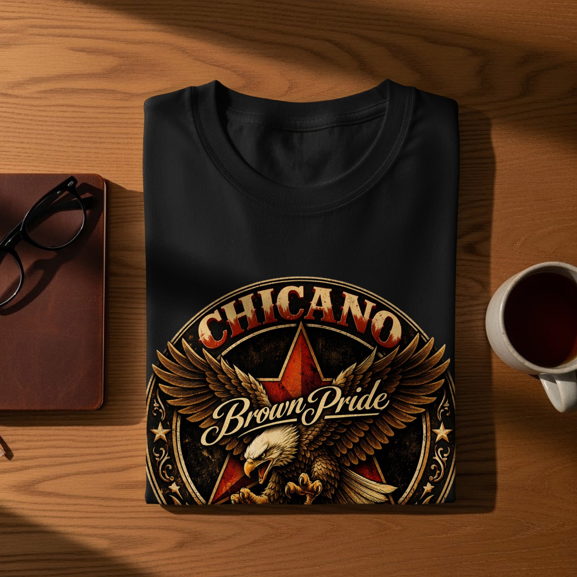Black t-shirt with "CHICANO BROWN PRIDE" and eagle design.