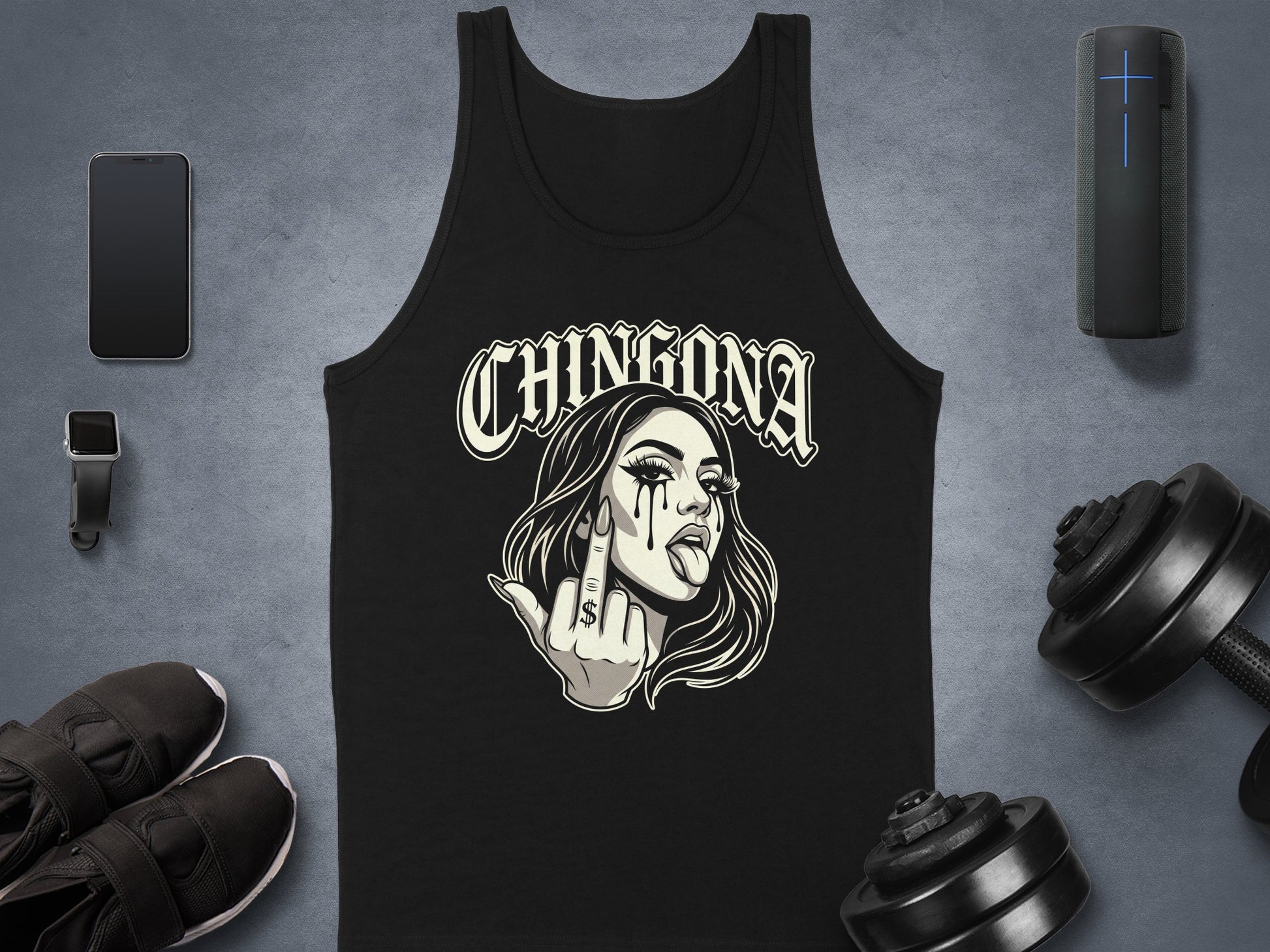 Black tank top with "CHINGONA" text and woman graphic giving middle finger.