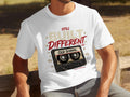 White t-shirt with cassette tape graphic and 