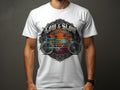 White t-shirt with a circular graphic featuring a lowrider bicycle, roses, and text 