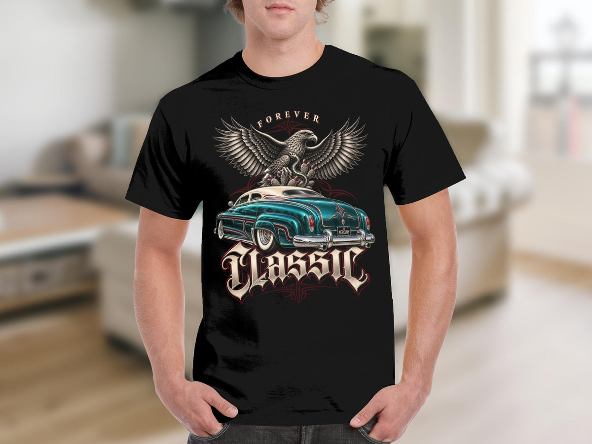 Black t-shirt with classic car, eagle, and "Forever Classic" text design.