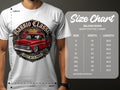 T-shirt size chart for Gildan 5000 heavy cotton with width and length measurements.