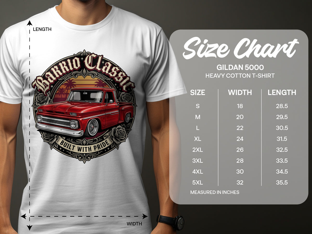 T-shirt size chart for Gildan 5000 heavy cotton with width and length measurements.