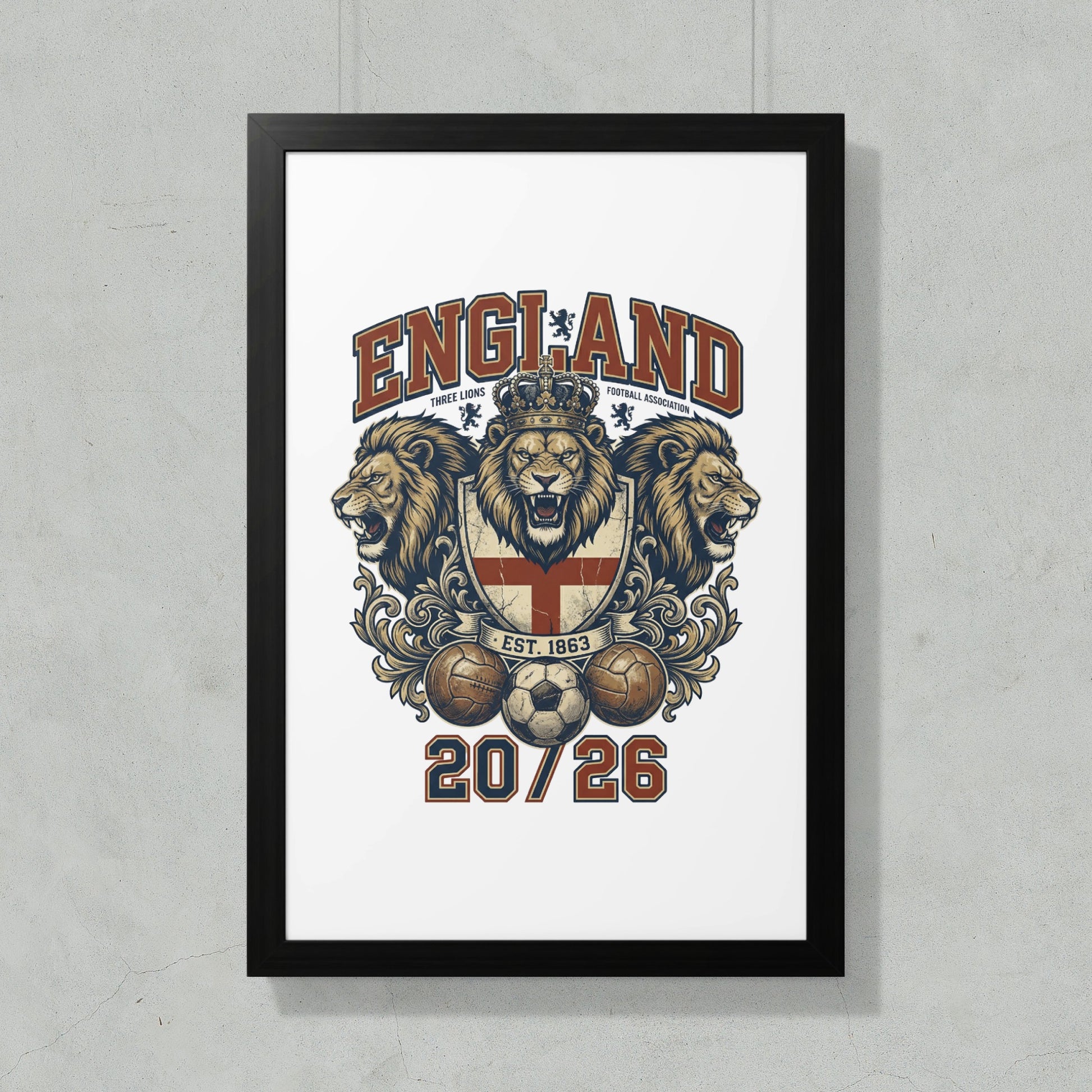 England national football team crest with lions and footballs, EST. 1863.