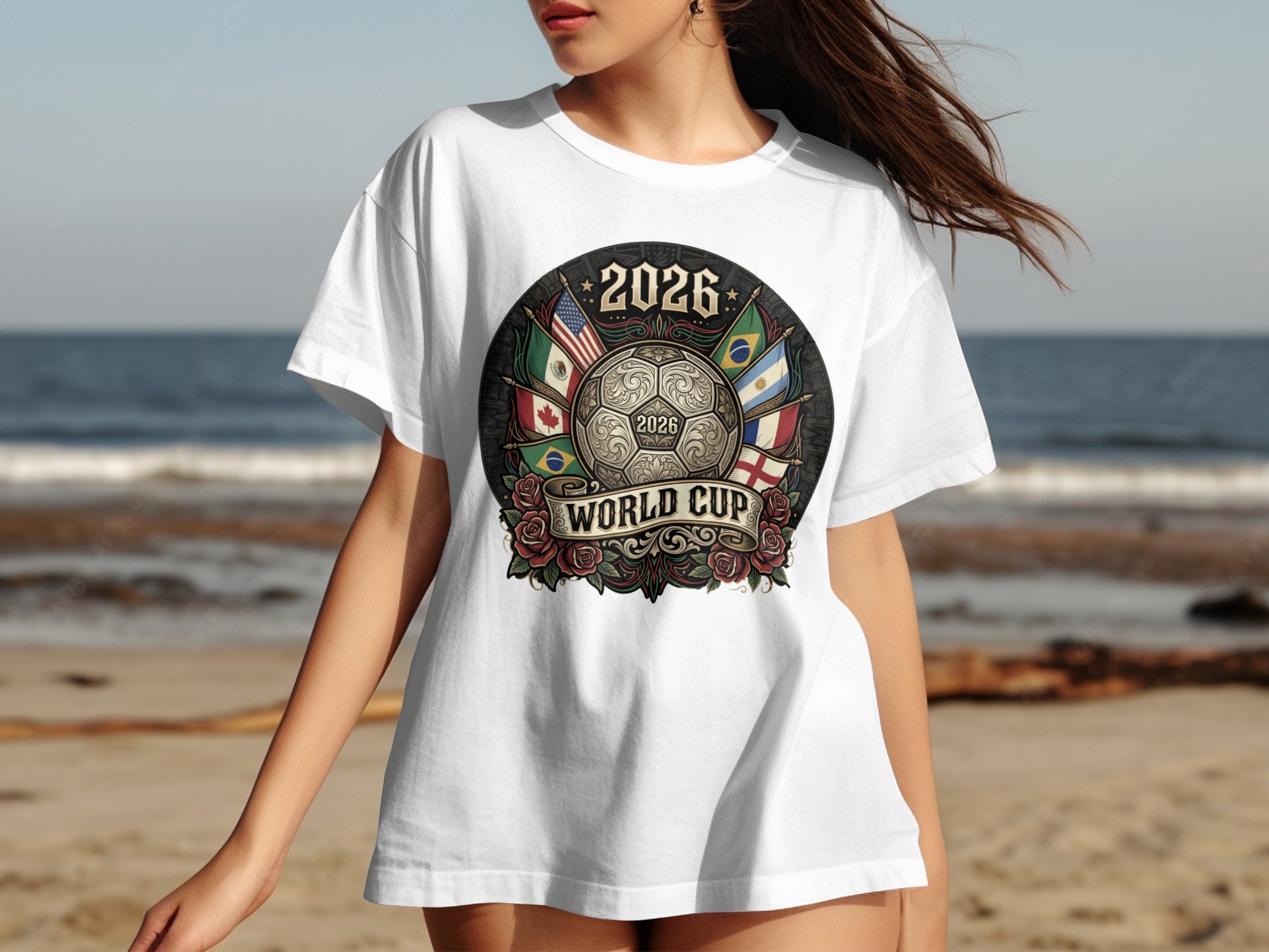 White t-shirt with 2026 World Cup emblem and flags, worn by a person.