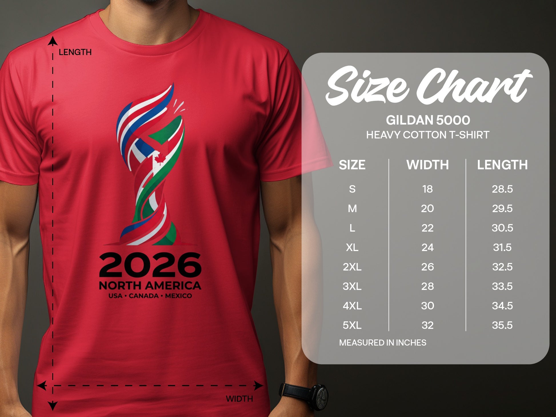 Size chart for Gildan 5000 Heavy Cotton T-shirt with width and length measurements.