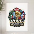 Canada 2026 World Cup United We Play logo with trophies and flags.