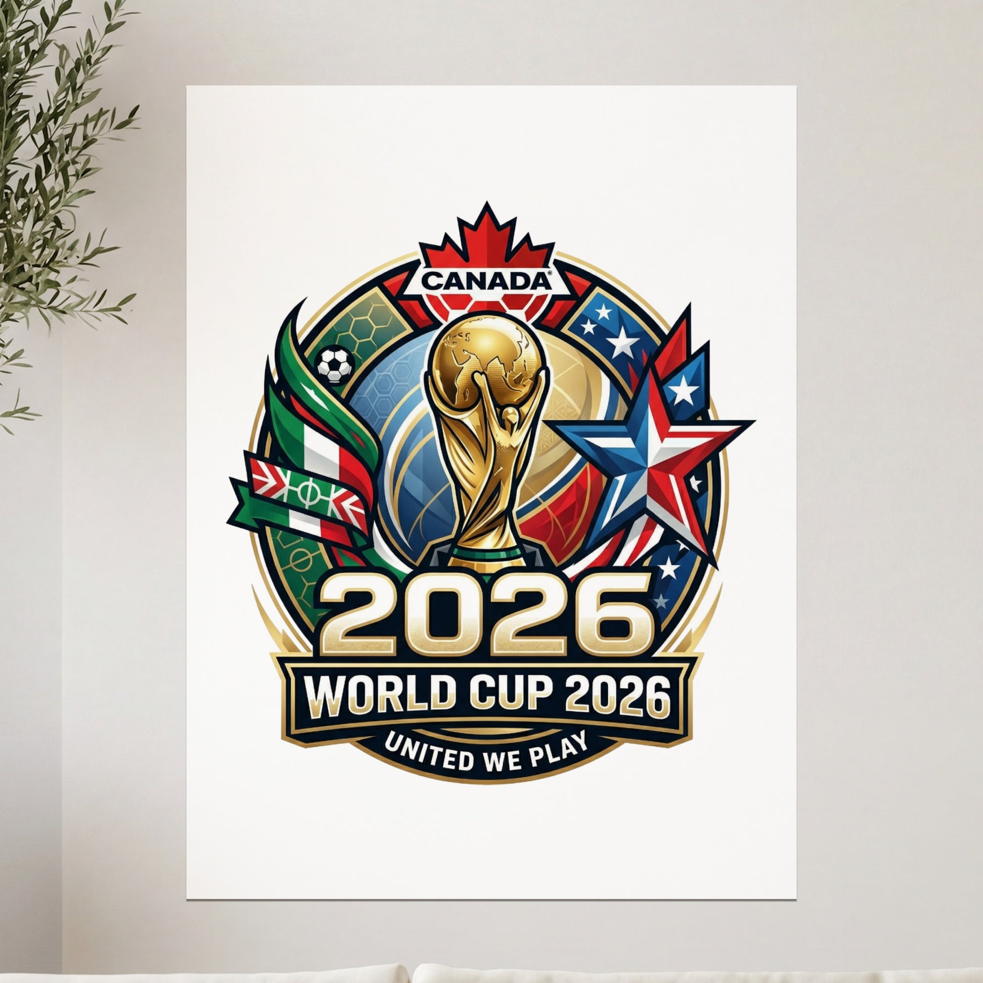Canada 2026 World Cup United We Play logo with trophies and flags.