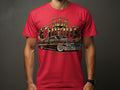 Red t-shirt with gold lettering 