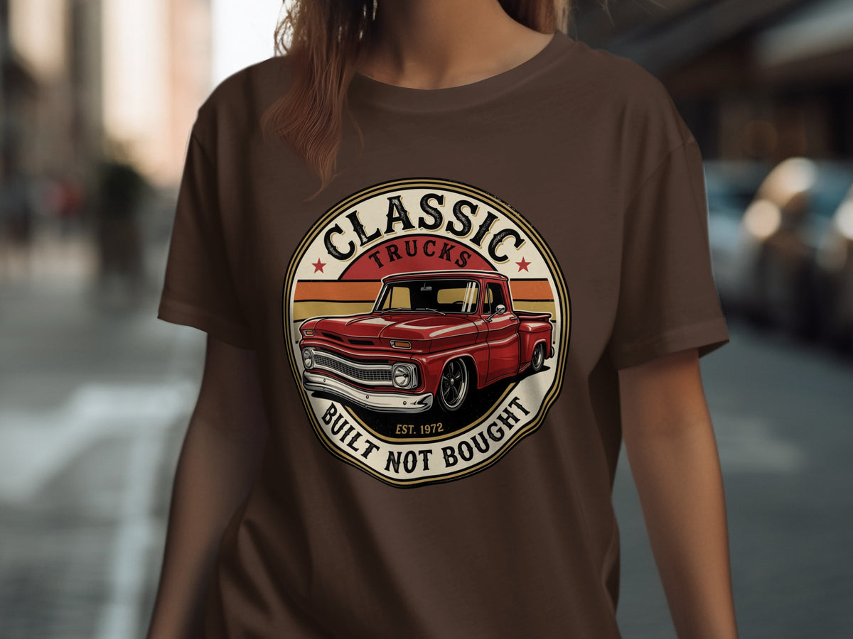 Brown t-shirt with classic red truck graphic, "Classic Trucks Built Not Bought Est. 1972".