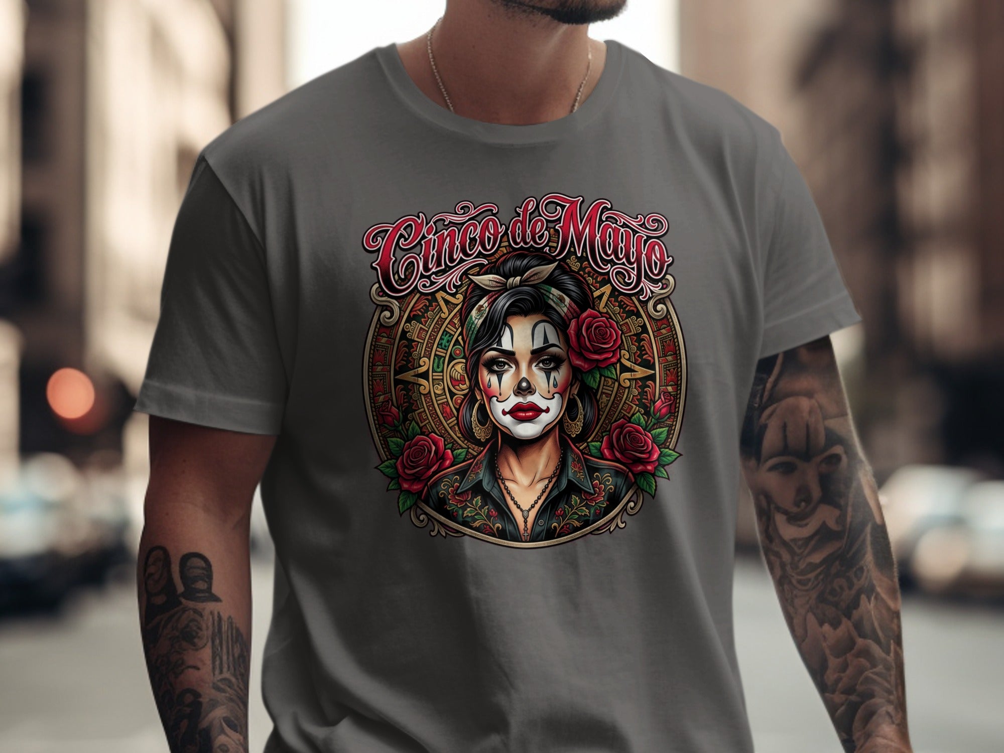Cinco de Mayo t-shirt featuring a woman with festive makeup and roses.