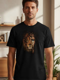 Black t-shirt featuring a split image of a lion's face and Jesus' face.