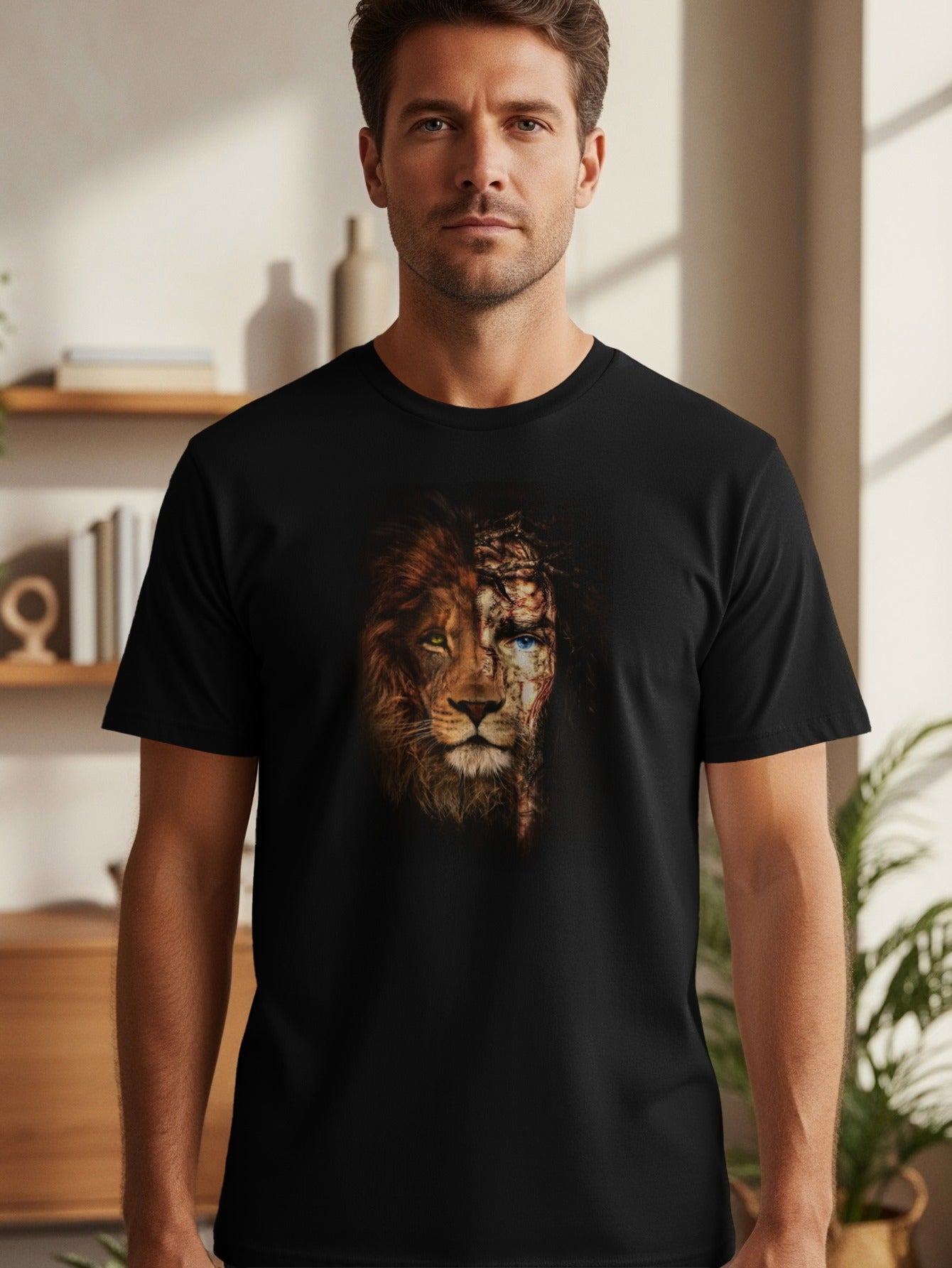 Black t-shirt featuring a split image of a lion's face and Jesus' face.