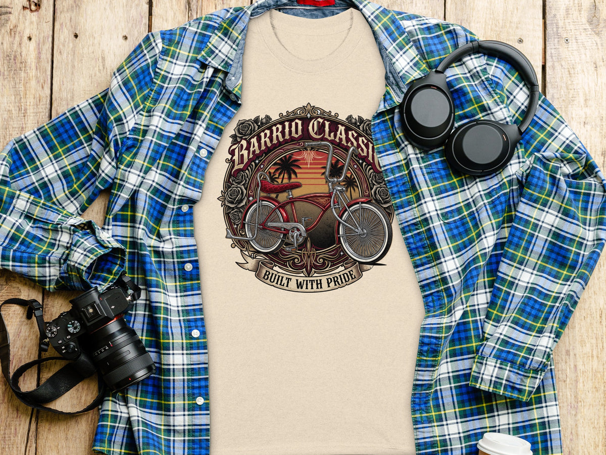 Cream t-shirt with "Barrio Classic" design and red lowrider bicycle.
