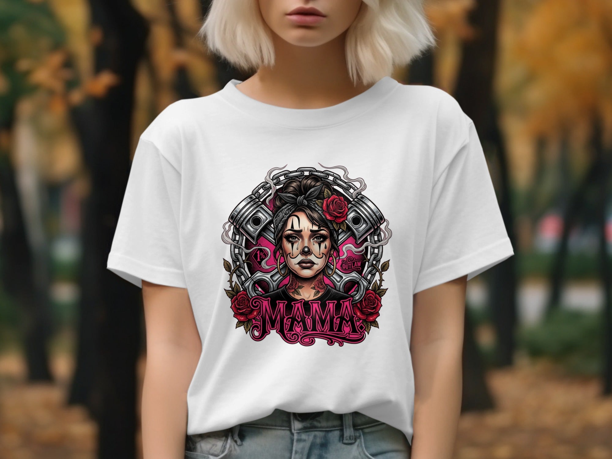 T-shirt with a "Mama" design featuring a skull with roses and pistons.