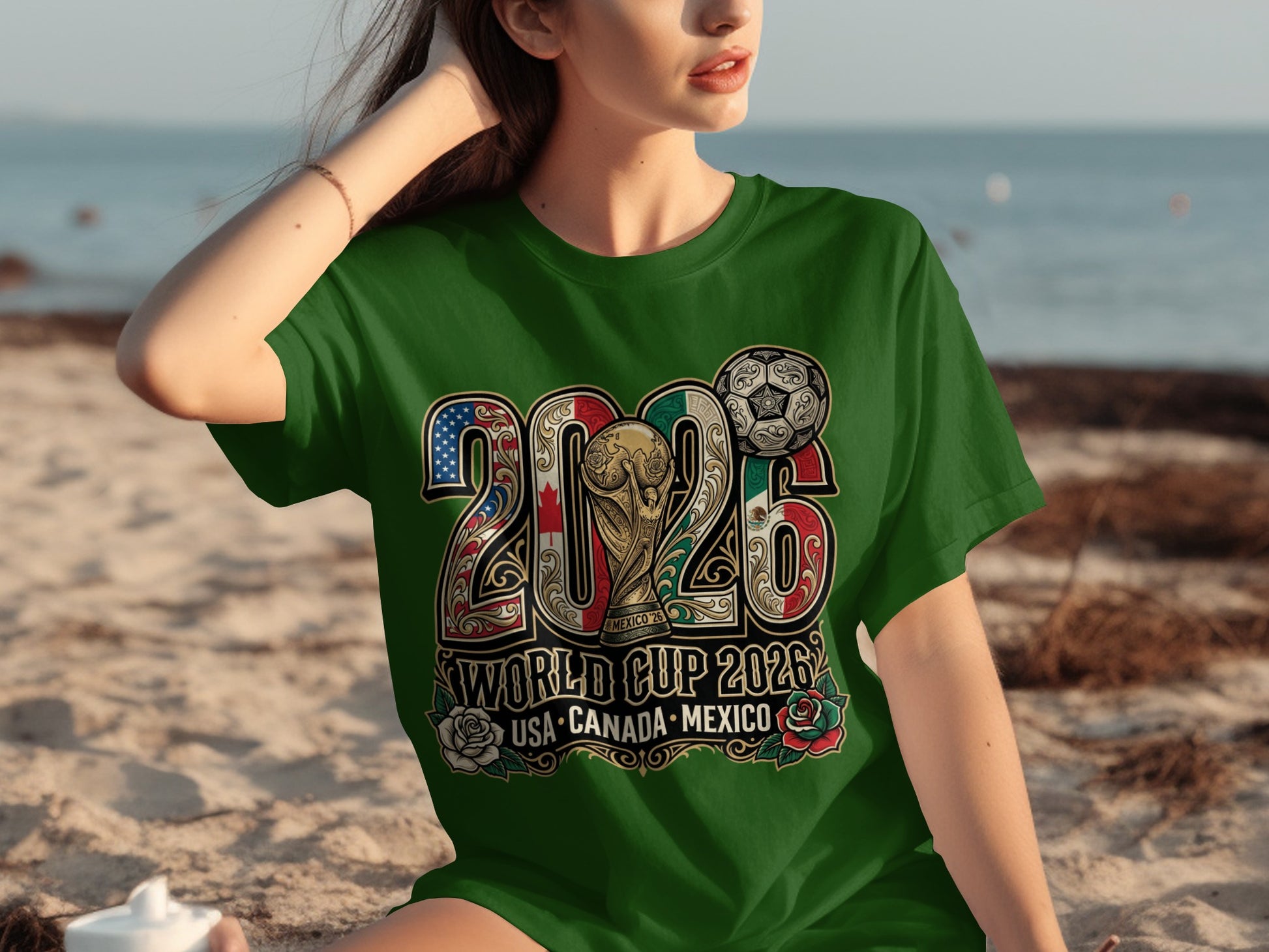 Green t-shirt with "2026 World Cup USA Canada Mexico" graphic featuring flags and a soccer ball.