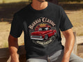Black t-shirt with red classic pickup truck graphic and text 
