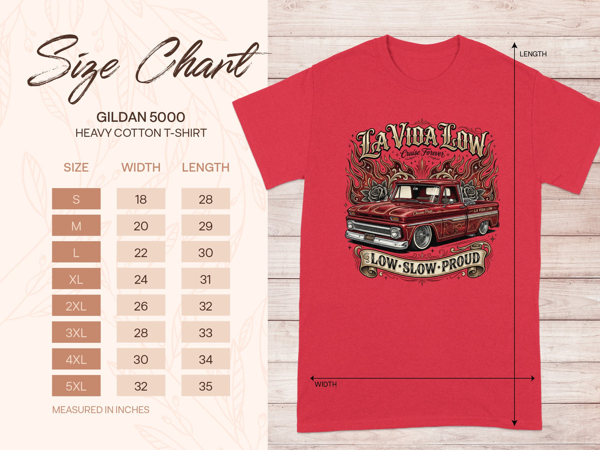 Gildan 5000 heavy cotton t-shirt size chart with red shirt graphic.