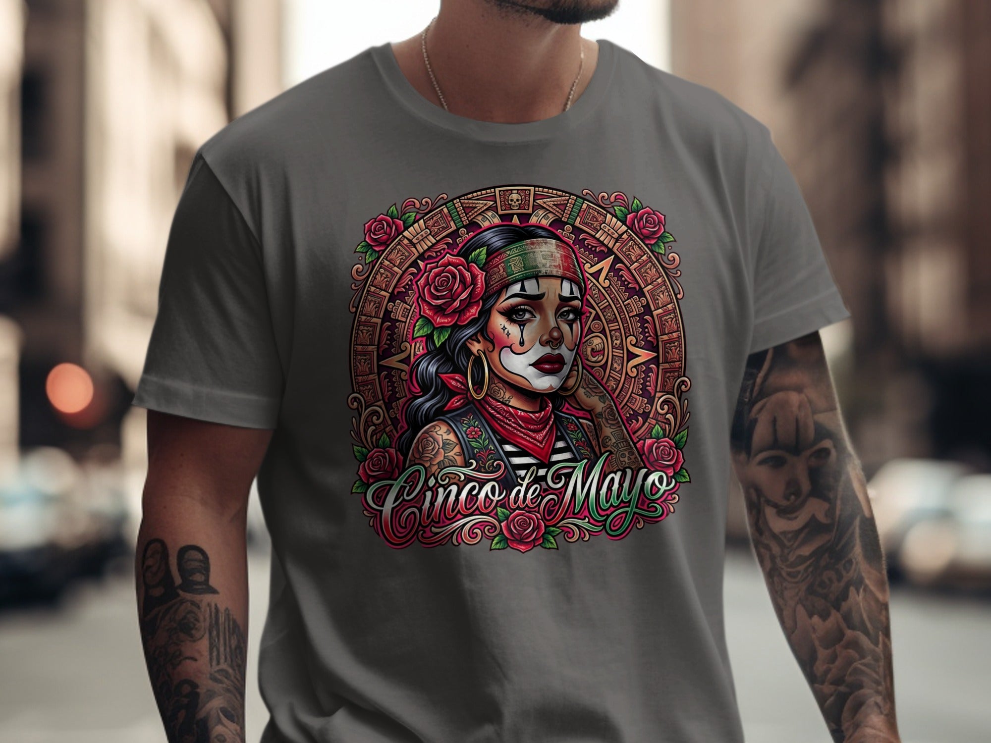 T-shirt with Dia de los Muertos inspired woman in floral headdress and "Cinco de Mayo" text.