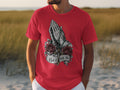 Red t-shirt with praying hands, rosary, roses, crucifix, and 