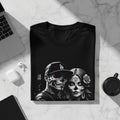 Black t-shirt with skull couple graphic, LA Dodgers logo.