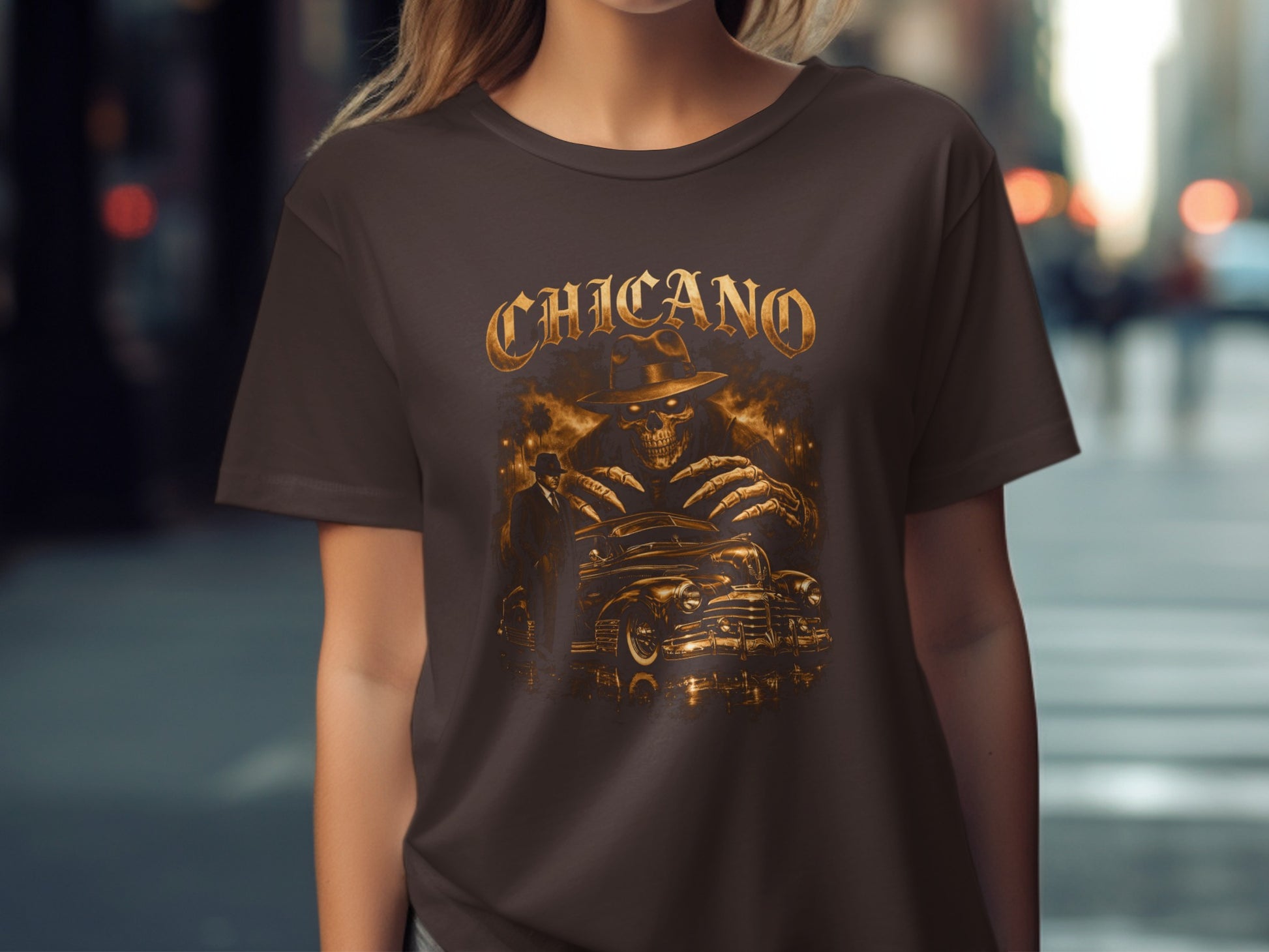 Brown t-shirt with skeleton, vintage car, and "CHICANO" text.