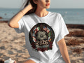 White t-shirt with 2026 World Cup logo featuring soccer ball and flags.