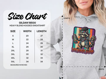 Gildan 18500 size chart for hooded sweatshirt with raccoon graphic.