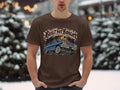 Brown t-shirt with a graphic of a blue 1963 Impala and 