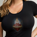 Black t-shirt with a Sacred Heart of Jesus design featuring a heart, roses, sword, and cross.