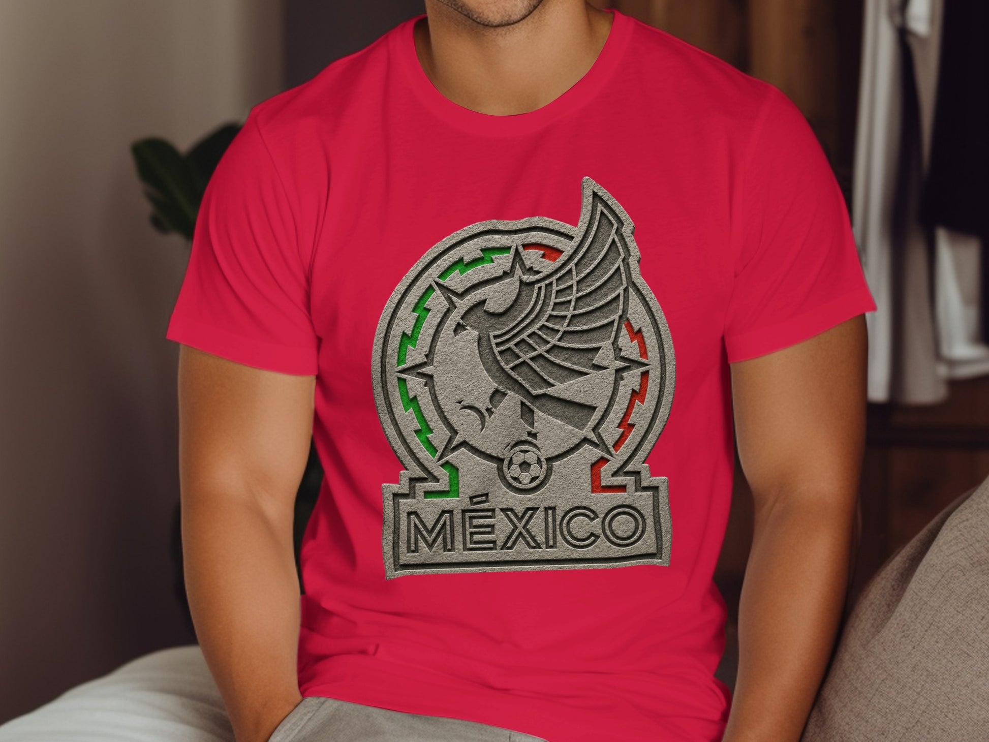 Red t-shirt with Mexico national football team crest.