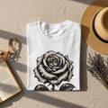 White t-shirt with a black and white detailed rose design.