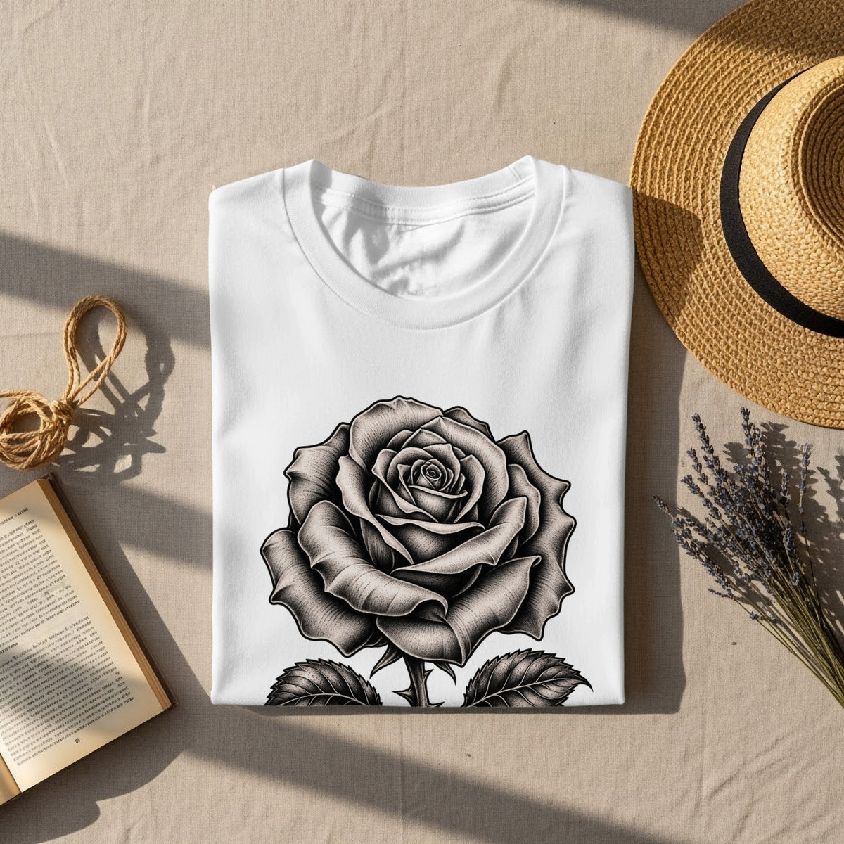 White t-shirt with a black and white detailed rose design.