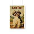 Shih Tzu dog sitting on wooden surface with grassy field background.