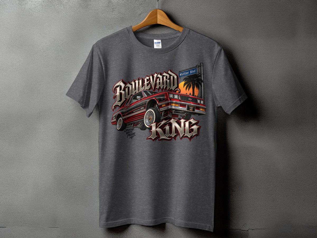 Gray t-shirt with a lowrider car, "Boulevard King" text, and Whittier Blvd sign.